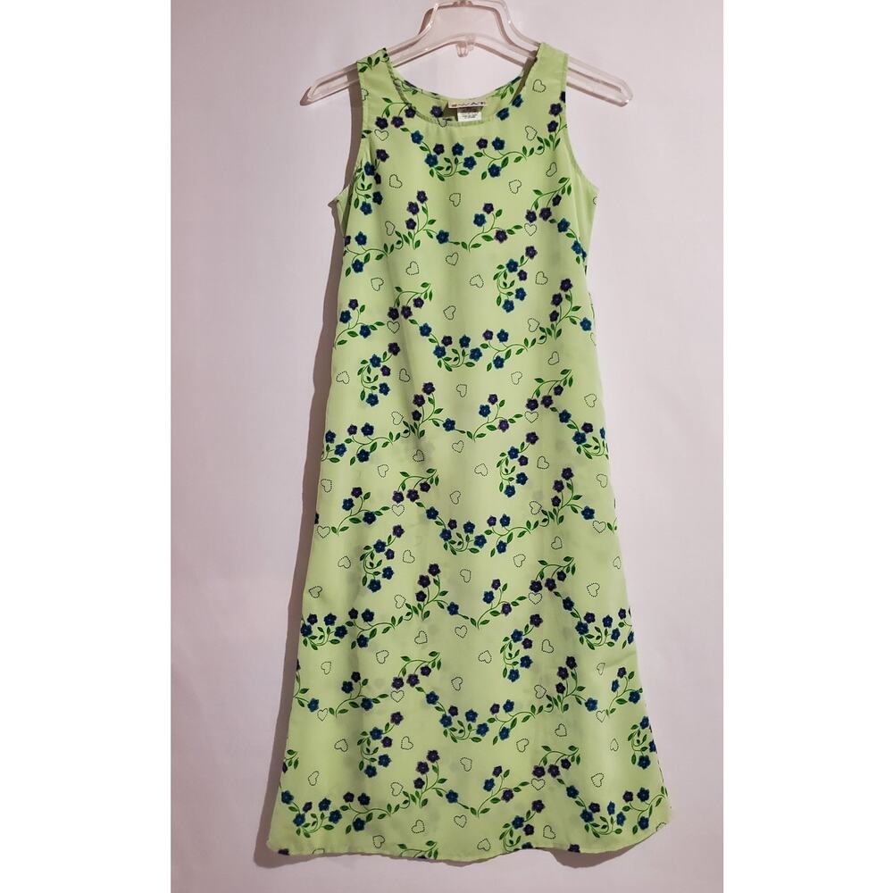 Vtg SWAT Kids 90s y2k Floral Heart Sleeveless Tieback Dress Girl 14 Green Summer